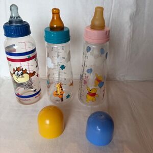 Lot of 3 Baby Bottles Taz Looney Tunes Winnie the Pooh Tigger Piglet Vintage 8oz